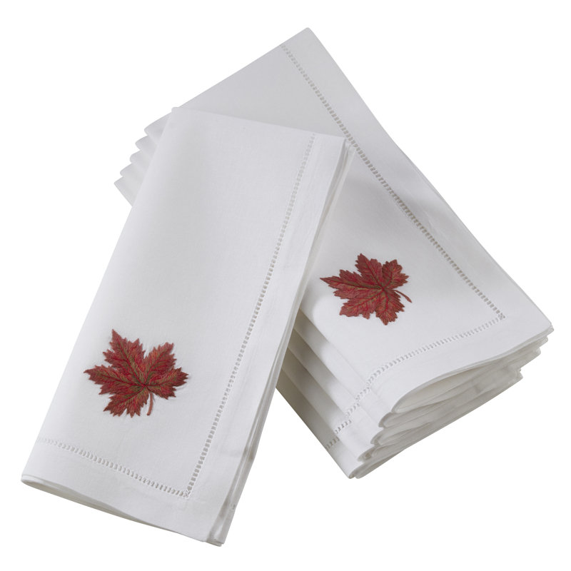 Caldanagh Cotton Table Napkins With Embroidered Autumn Leaf And Hemstitch Design (Set of 6)