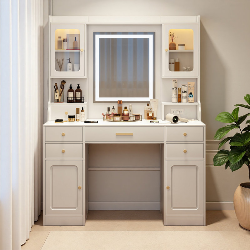 Grande coiffeuse avec miroir, 6 tiroirs et tablettes, bureau de commode