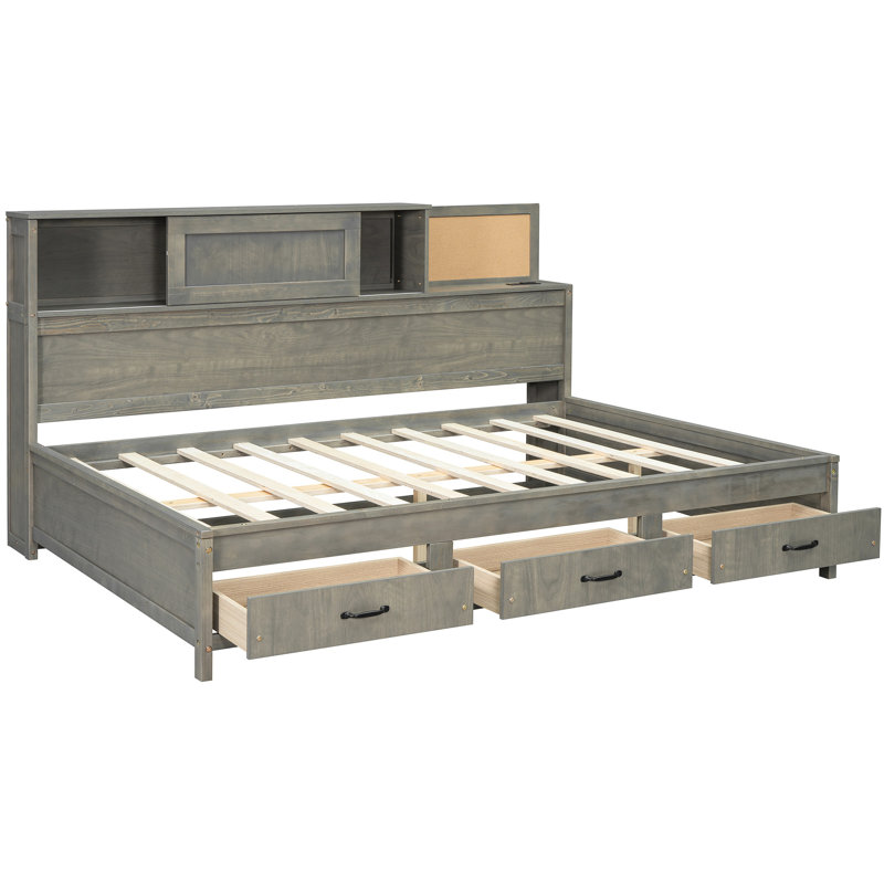 Full Size Wooden Daybed In Gray, Featuring 3 Storage Drawers, Shelf, And Nearby Outlets Offering Integrated Power, Gray, Full