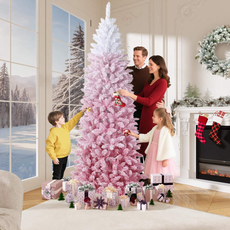 2.3m Pre-Lit Artificial Christmas Tree, RGB & Warm White Lights, Snow Flocked Pencil Tree, Pink Gradient, Foldable Base for Home, Office & Party Decor