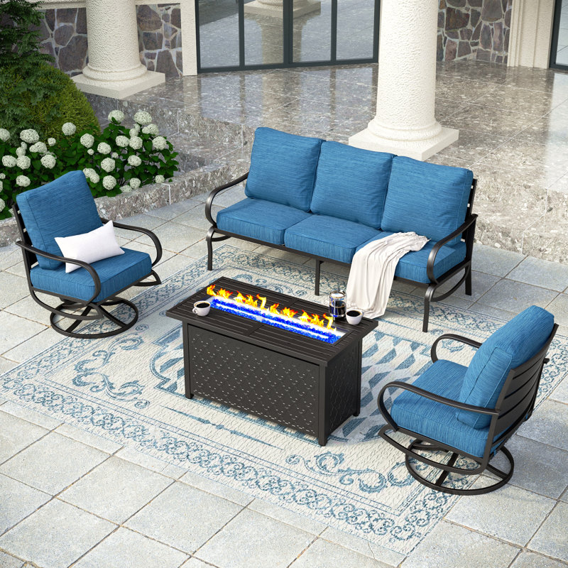 Tapasi 5 - Person Patio Conversation Set with Swivel Lounge Chairs &  Firepit Table, Peacock Blue
