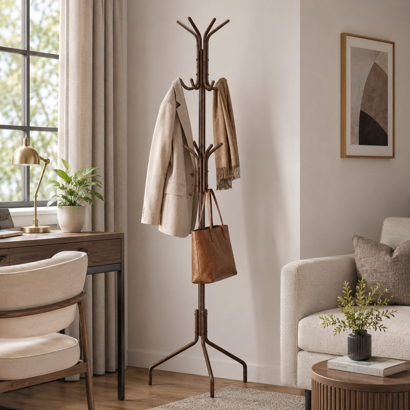 Self-Supporting Garment Hanger, Standing Coat Organizer, Brown Metal Hat Storage Rack, Brown
