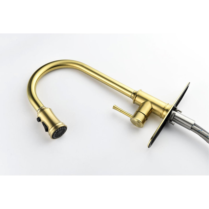 Brushed Gold Kitchen Sink Faucet - Stainless Steel With 3 Water Output Types  Stream, Spray,   & 360 Rotating Nozzle For Veggies Single Handle In Pull Down Options Practicality