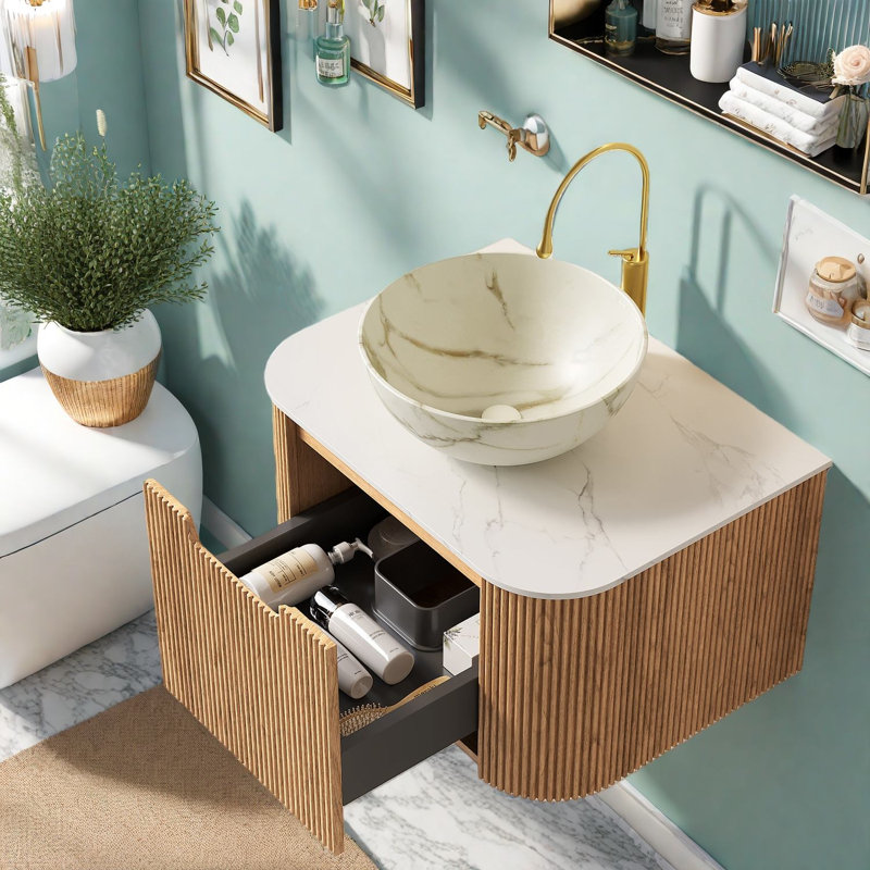 Meuble-lavabo flottant moderne avec lavabo en céramique, finition grain de bois naturel