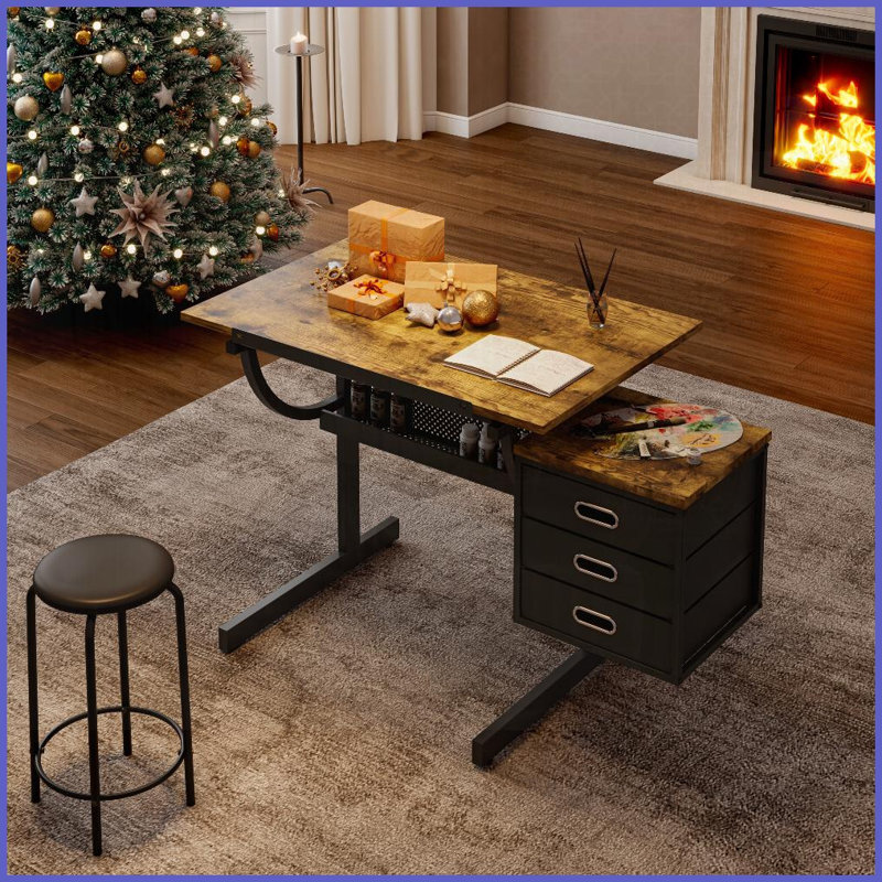 Table à dessin noire avec 3 tiroirs Tabouret - Plateau réglable de 0 à 75 ° pour l'art, l'artisanat ou le bureau