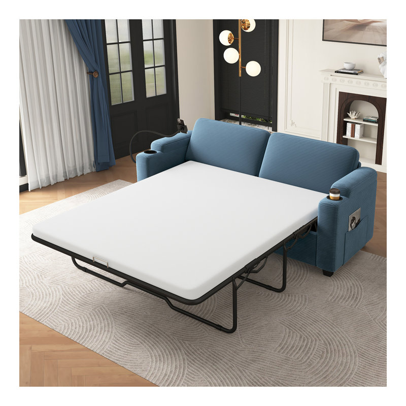 Canapé-lit 72,8 po en velours côtelé avec matelas pleine grandeur, deux ports USB, deux porte-gobelets, deux poches latérales et un support pour téléphone pour le salon, bleu marine