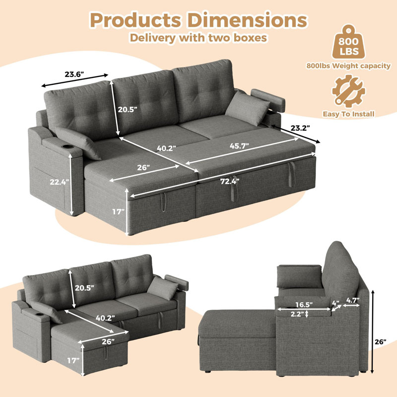Canapé-lit de 84 po, canapé-lit modulaire réversible rembourré de 84 po, canapé à siège profond pour salon, chambre, bureau, appartement