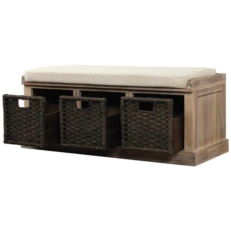 Rustic Storage Bench With 3 Removable Classic Rattan Basket , Entryway Bench With Removable Cushion, White Washed