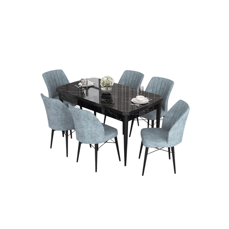 Ensemble de table et chaises de salle à manger extensible Modern (7 pièces), marbre noir et gris, dimensions: table (52,0 po x 31,5 po x 30,7 po) | Chaises (17,7 po x 35,4 po x 16,5 po) | 100% panneau de fibres à densité moyenne avec pieds en bois, structure en métal, mousse moelleuse pour le confort, parfait pour les salles à manger élégantes