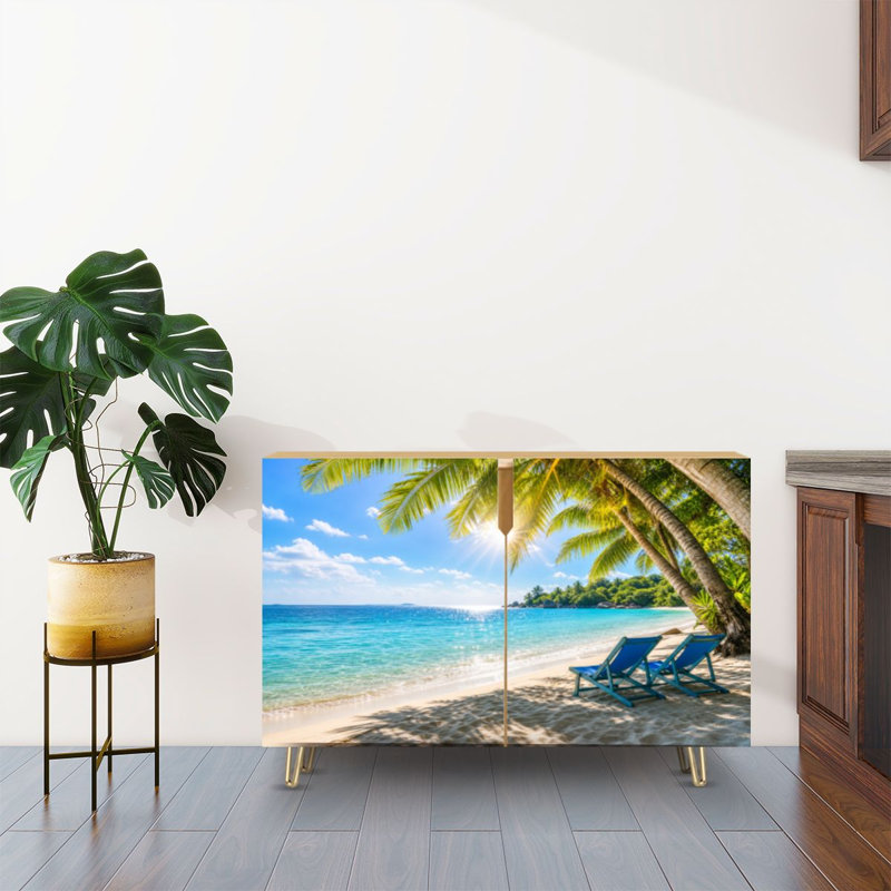 Buffet buffet avec rangement Palmiers de plage tropicale étincelante avec 2 portes pour le salon et la cuisine