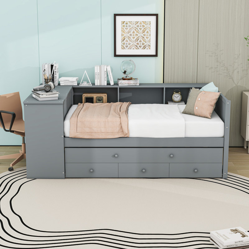 Lit de jour en bois avec lit gigogne simple, 3 tiroirs et tablettes, Gris, Lit simple