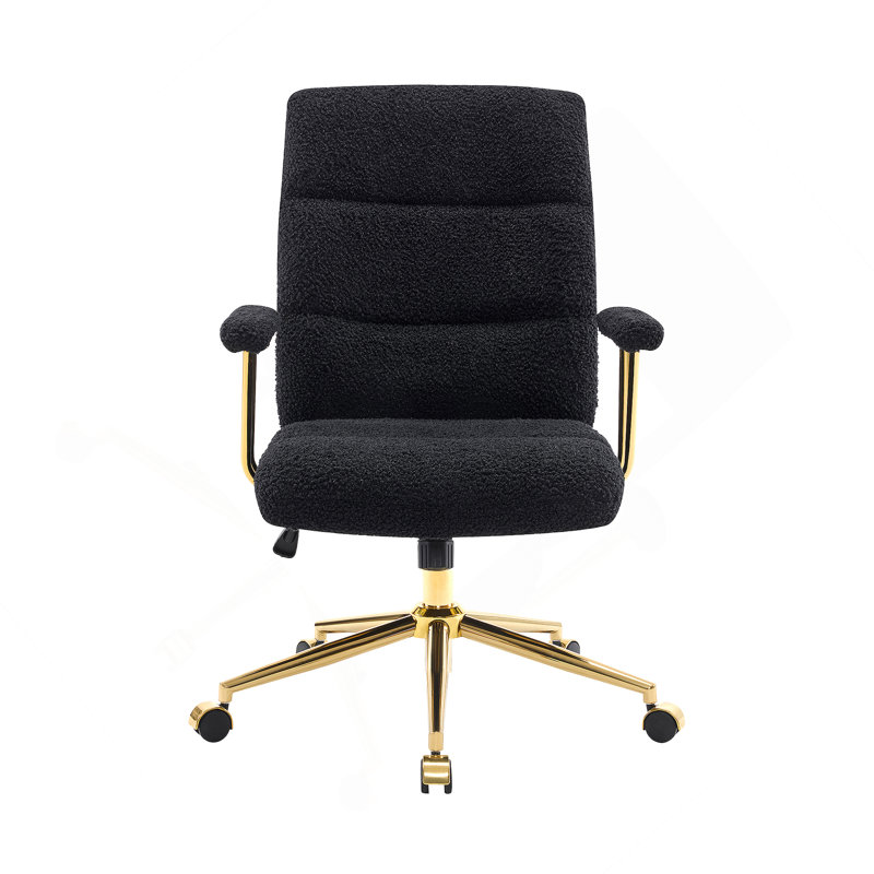 Textured Boucle Fabric Black And Gold Office Chair, Modern Height Adjustable Desk Chair With Padded Arms, Black