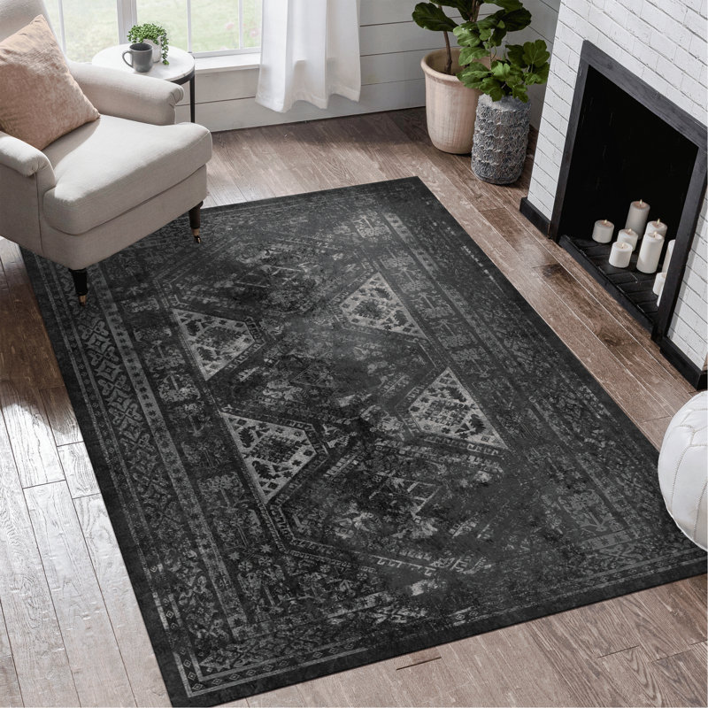 Black Washable Rug Area Rug (Black), Rectangle 5' x 8'