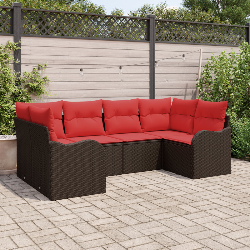 Ensemble de canapé vidaXL avec coussin 6 pièces synthétique brun: rotin de polyester, Structure brune / coussin rouge