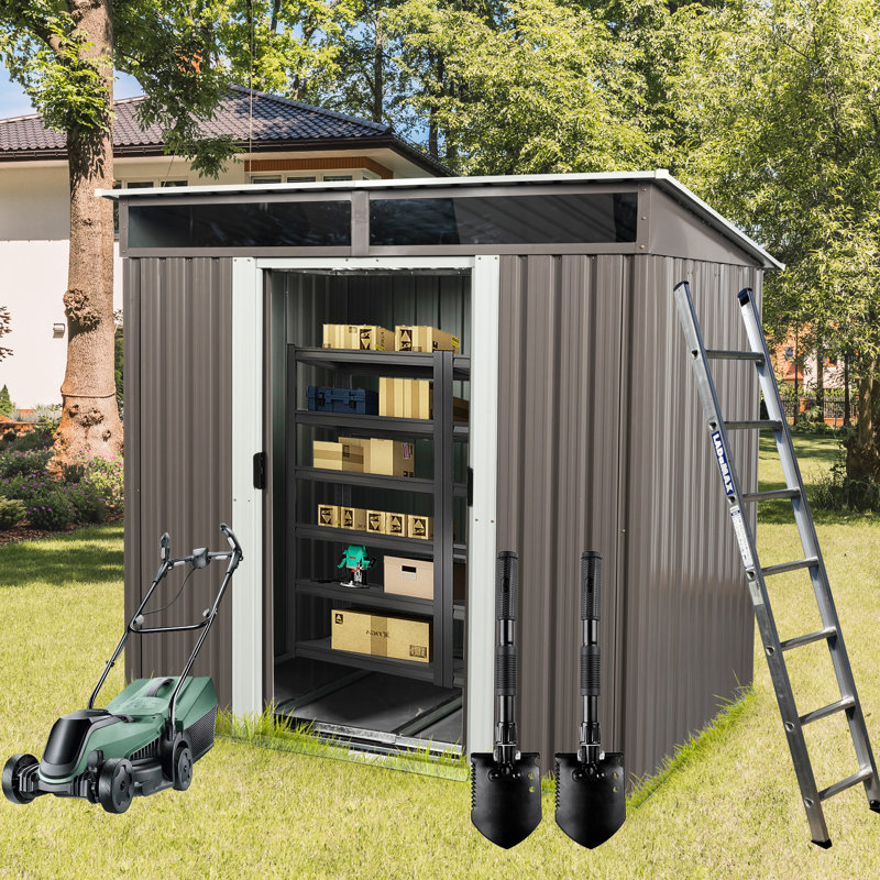 6Ft X 5Ft Outdoor Metal Storage Case - Galvanized Iron Build, Panels, Transparent Plate, Sliding Door With Lock, Simple Build Shed Unit Closet Construction, Easy Assembly