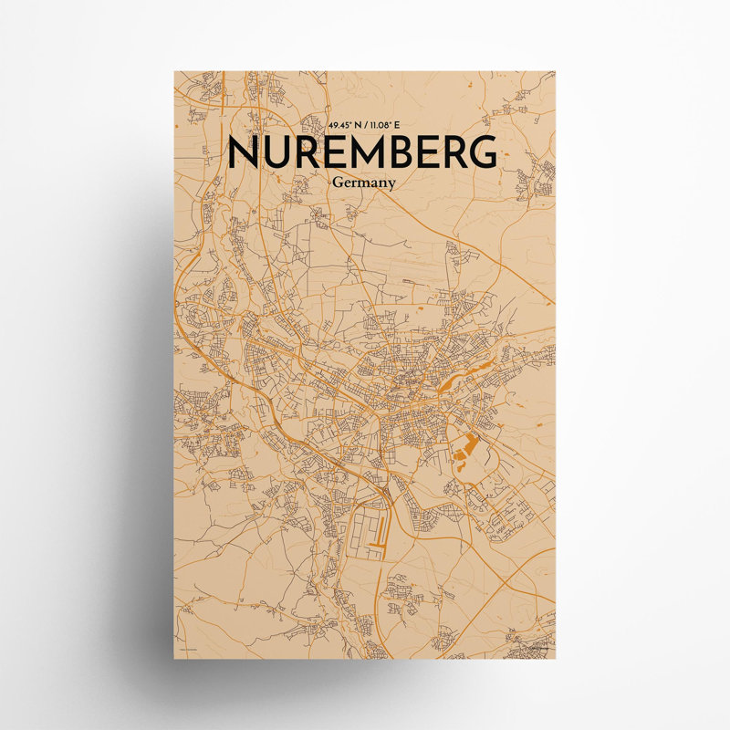 Nuremberg City Map In Vintage - No Frame Print, 17cm H x 11cm W x 0.05cm D