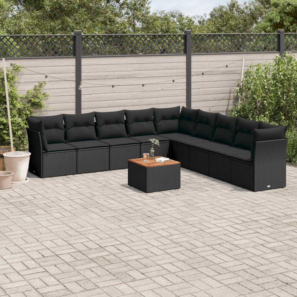 10-Tlg. Garten-Sofagarnitur Mit Kissen Schwarz Poly Rattan