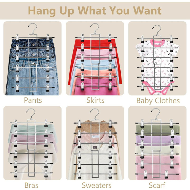 Ensemble de 2 cintres pour pantalons et jupes à 6 niveaux avec pinces - Paquet de 2 - Organisateur de penderie peu encombrant avec crochets pivotants à 360 °, cintres pour dortoirs et appartements