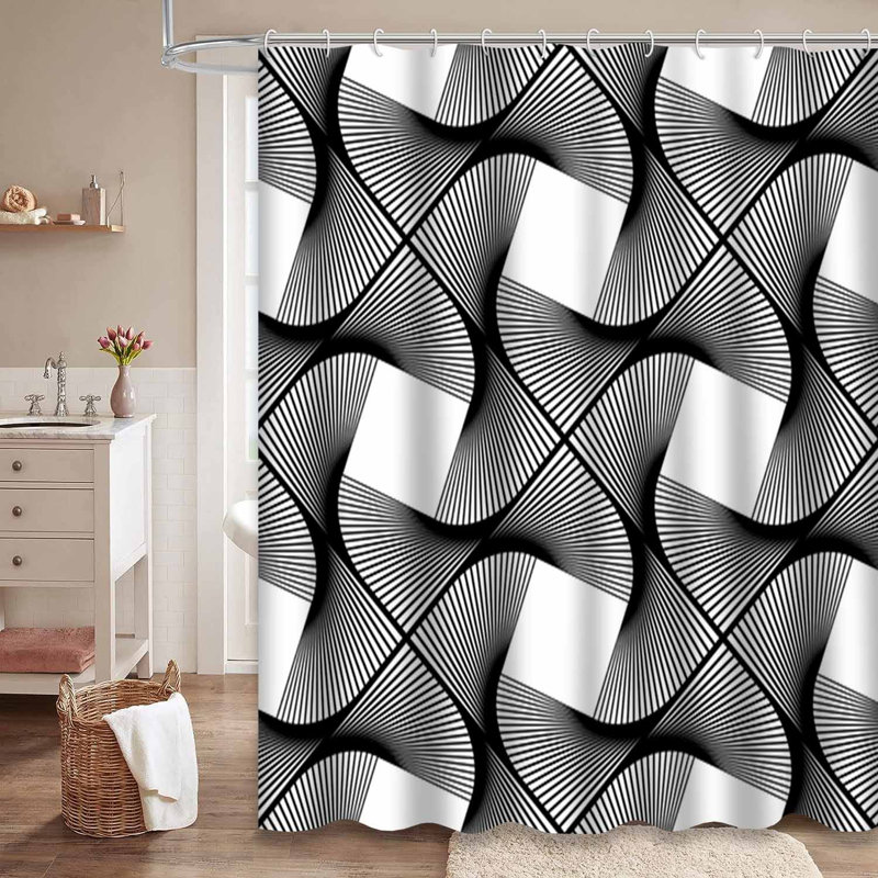 Rideau de douche décoratif abstrait monochrome blanc avec 12 crochets, 72" L x 78" W