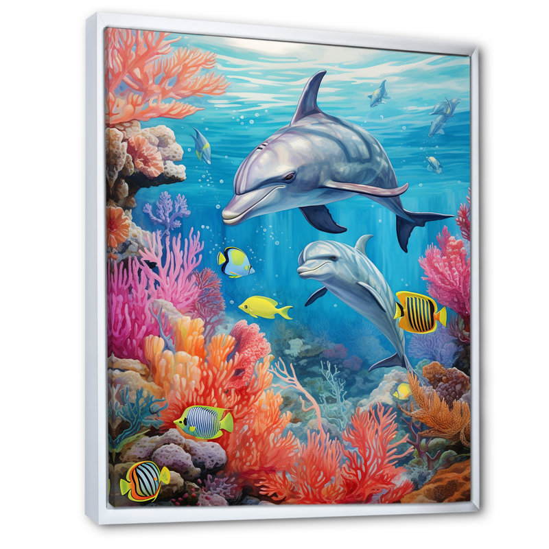 «Dolphin Family Ocean Ballet» sur toile, H 20 po x l 12 po x P 1 po, Cadre flottant blanc
