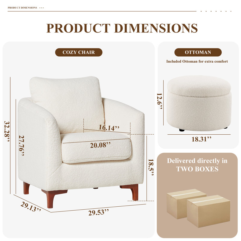 29.5" Wide Upholstered Barrel Accent Armchair With Storage Ottoman and Pillow, Cream Microfiber