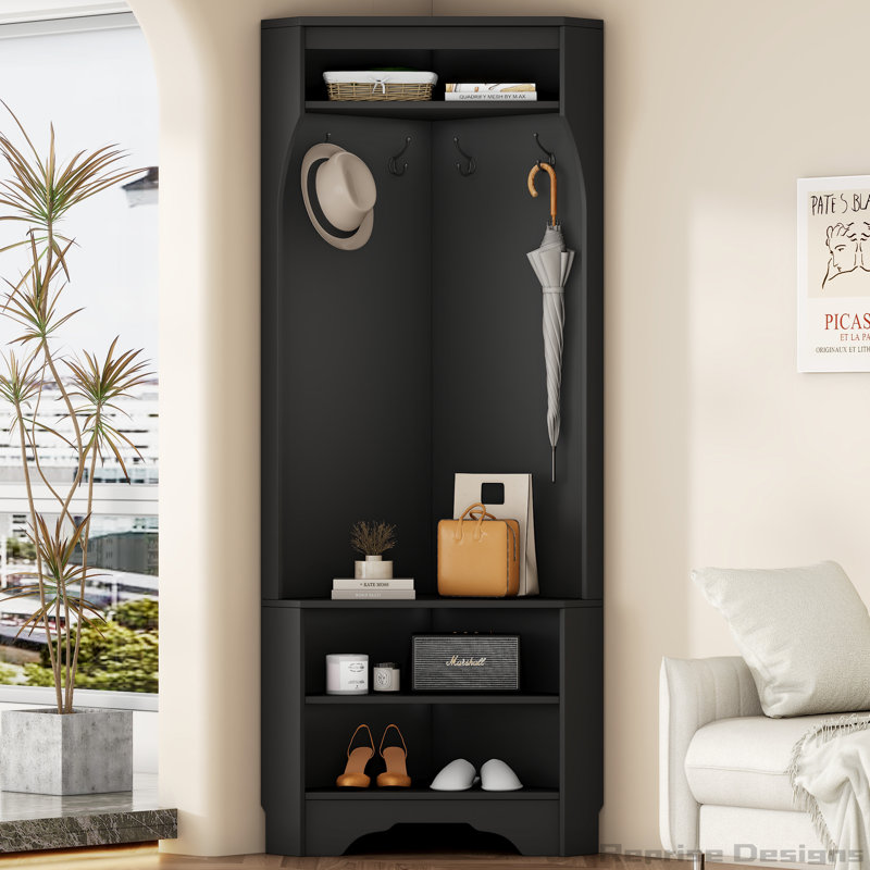 Minimalist Corner Hall Tree with Shoe Bench, Versatile Entryway Coat Rack with 4 Hooks, Corner Cabinet with Adjustable Shelf for Hallway, Living Room