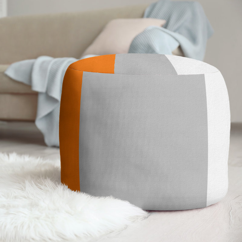 Upholstered Ottoman, Orange/Silver/White