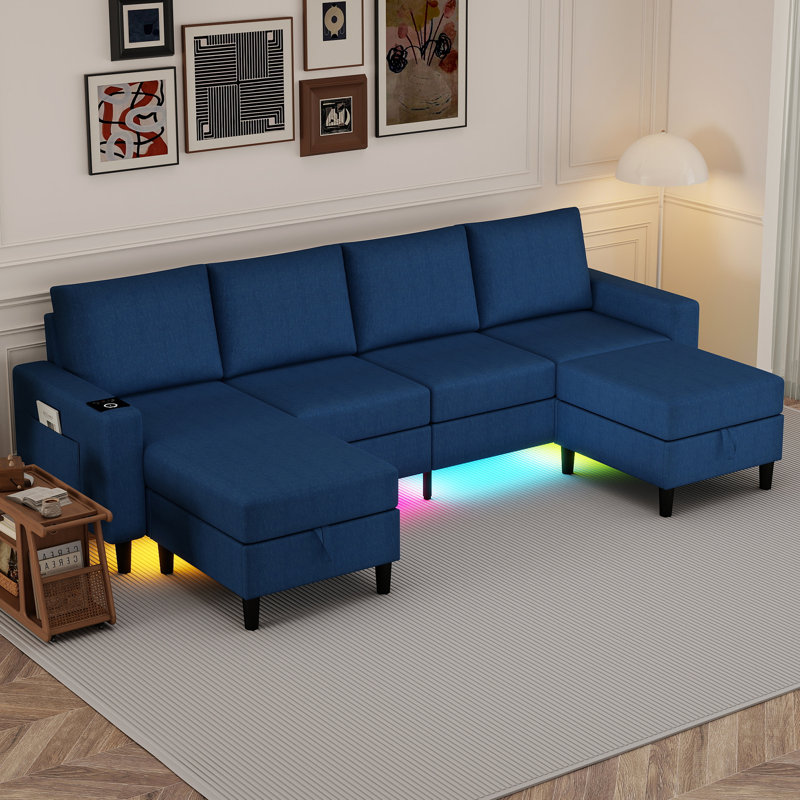 4-seater Linen Sectional Sofa With Smart Module-wireless Charging/usb/type-c/rgb Lights (blue), Blue