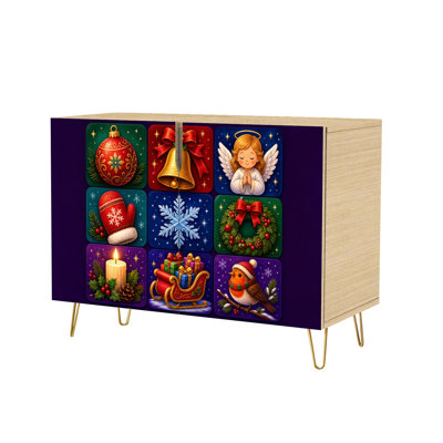 Sideboard Buffet Cabinet with 2 Doors Festive Christmas Icons Featuring Ornament Bell Angel Holiday Modern Accent Console Table Standing Wooden Storage Cupboard Credenza for Kitchen Dining Room Living Room Entryway Coffee Bar Station