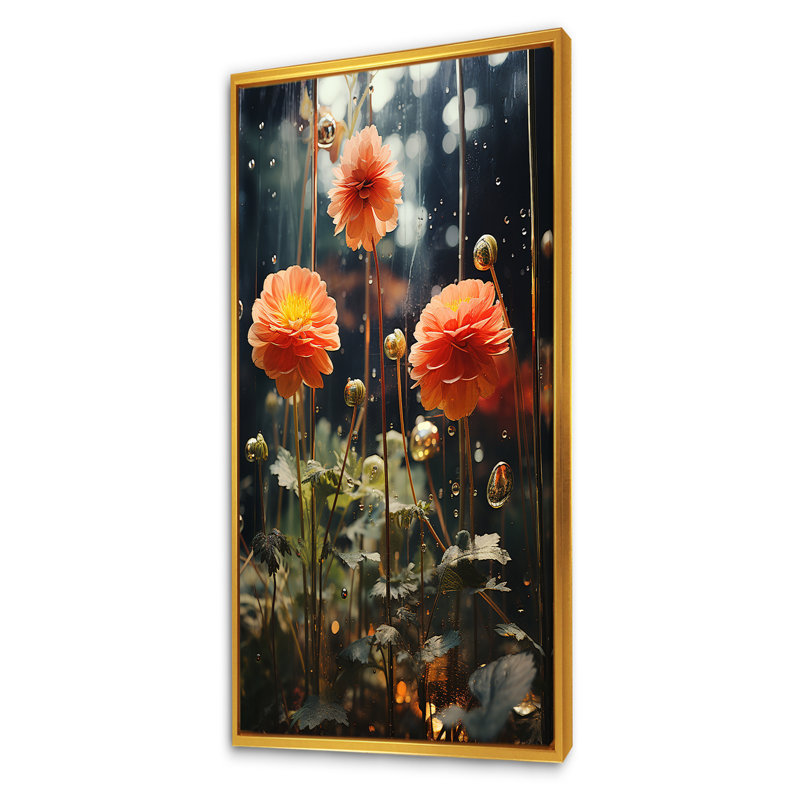 "Fleurs de zinnias orange et vertes", H 60 po x l 28 po x P 1,5 po, Cadre flottant doré