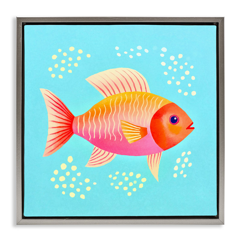 «Whimsical Orange Fish», art mural encadré flottant doré par Andrea Haase, Cadre flottant gris lustré, H 25 po x l 25 po
