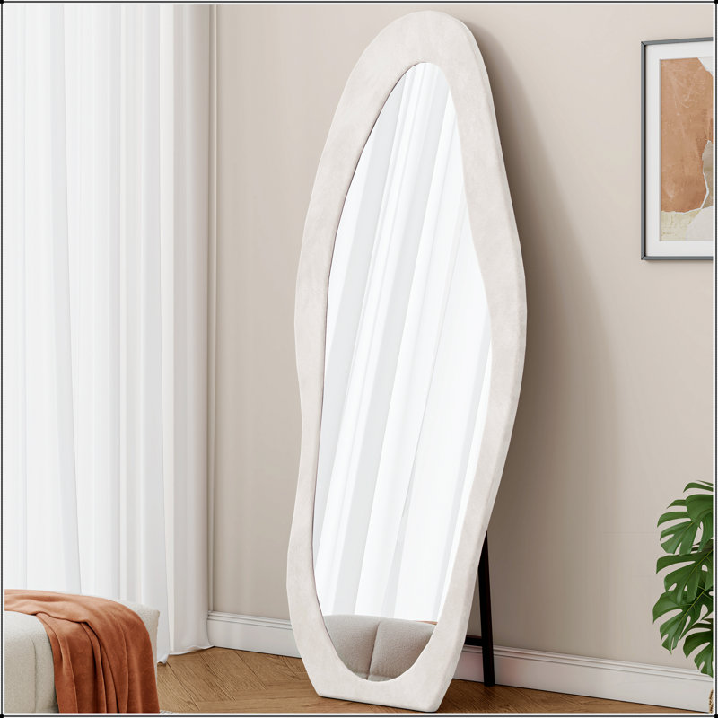 Full Length Mirror With Flannel Wrapped Wooden Frame, Irregular Wavy Design For Modern And Elegant Home Decor, White