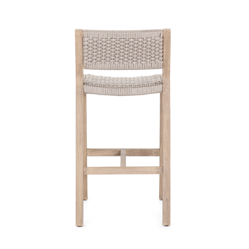 Delano Outdoor Teak Bar Stool, Washed Brown, Bar Stool (29" Seat Height), Gray Rope
