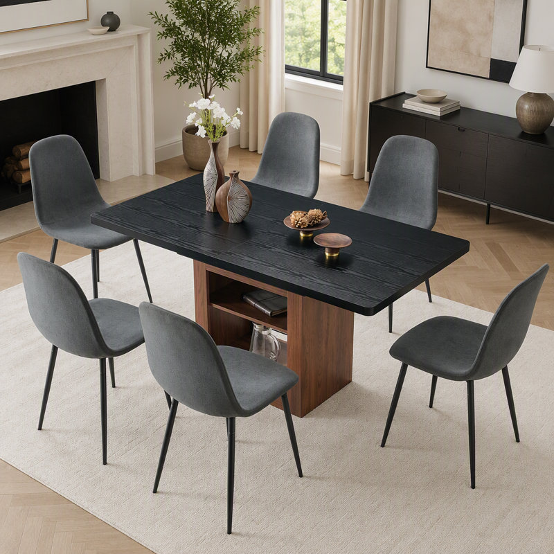 Ensemble de table et de salle à manger extensible avec table coulissante de 59 à 71 pouces, 6 chaises en lin et coton gris foncé, mobilier de luxe moderne et léger pour les restaurants et les cuisines