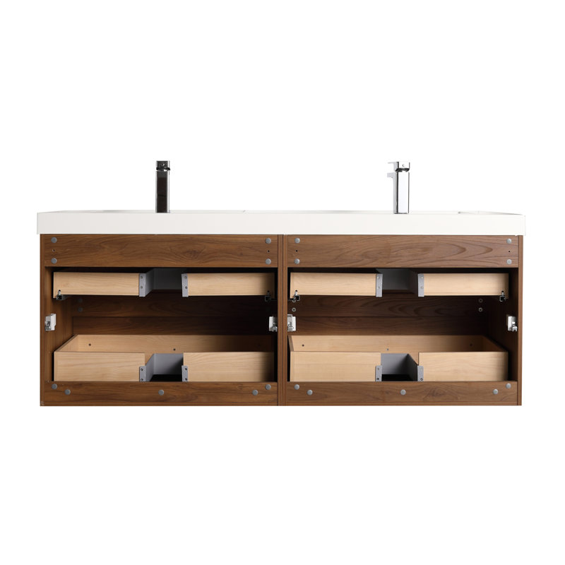 Meuble-lavabo double flottant avec lavabo mural Annedoris, Brun noyer