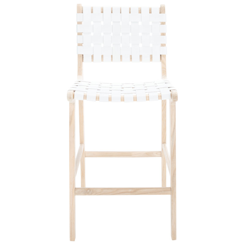 Tabouret Alston, Cuir blanc / cadre naturel sans finition, Tabouret de comptoir (siège d'une hauteur de 27,1