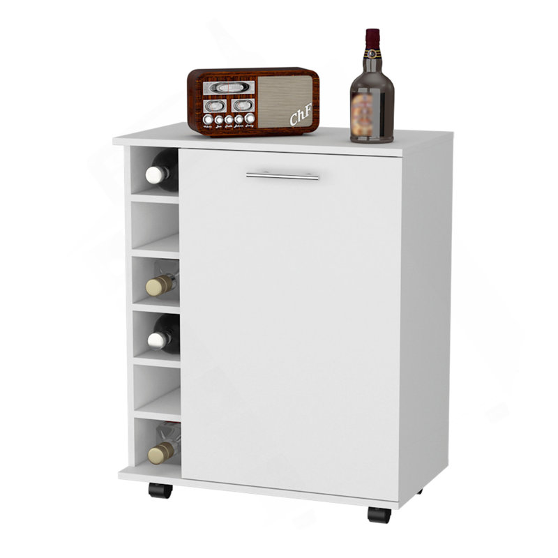 Chariot-bar Rawlins avec support pour 6 bouteilles, cabine de rangement et roulettes mobiles, Blanc