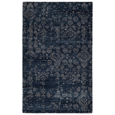 Azuma Hand Knotted Wool Geometric Area Rug in Dark Blue/Light Gray