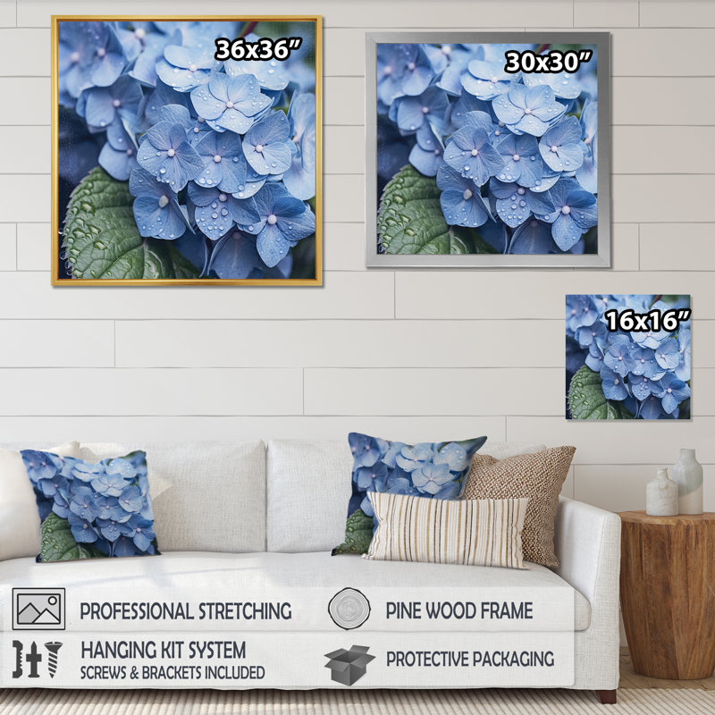 «Blue Green Hydrangea Blooms Heaven», reproduction sur toile, Cadre photo argenté, H 24 po x l 24 po x P 1 po