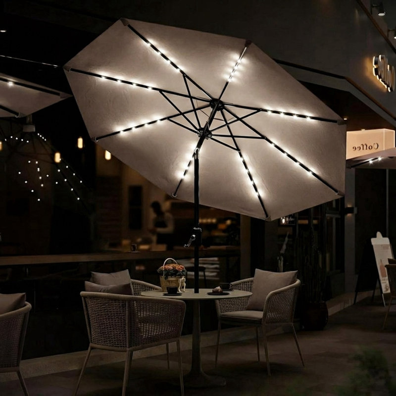 Parasol de marché 9 pi avec 8 manivelles et éclairage solaire à DEL rond avec manivelle et inclinaison, Beige