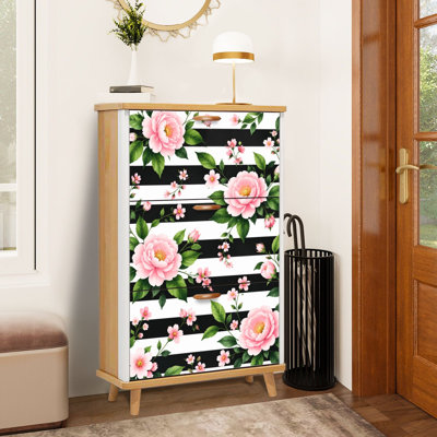Meuble à chaussures à 3 tiroirs rabattables, motif floral rose, rayures noires et blanches, étagère à chaussures étroite et discrète en bois, idéale pour entrée, couloir, hall d'entrée, garde-robe ou petit espace en appartement.