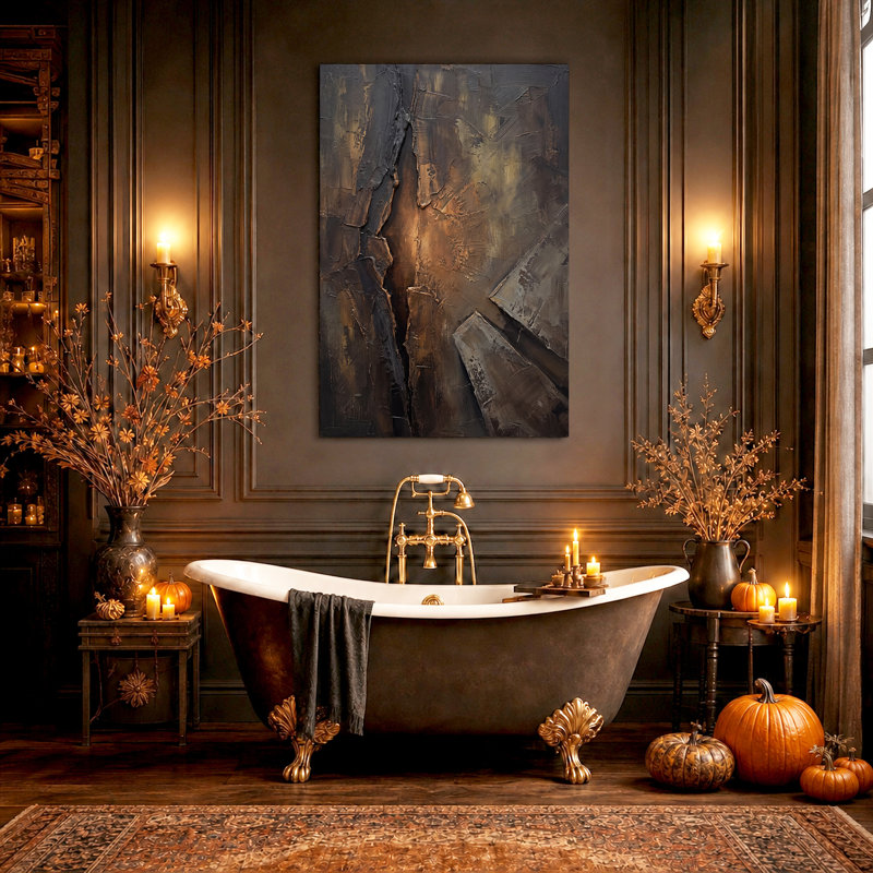 Toile murale d'Halloween à texture abstraite brun foncé avec accents dorés, 24"H x 18"W