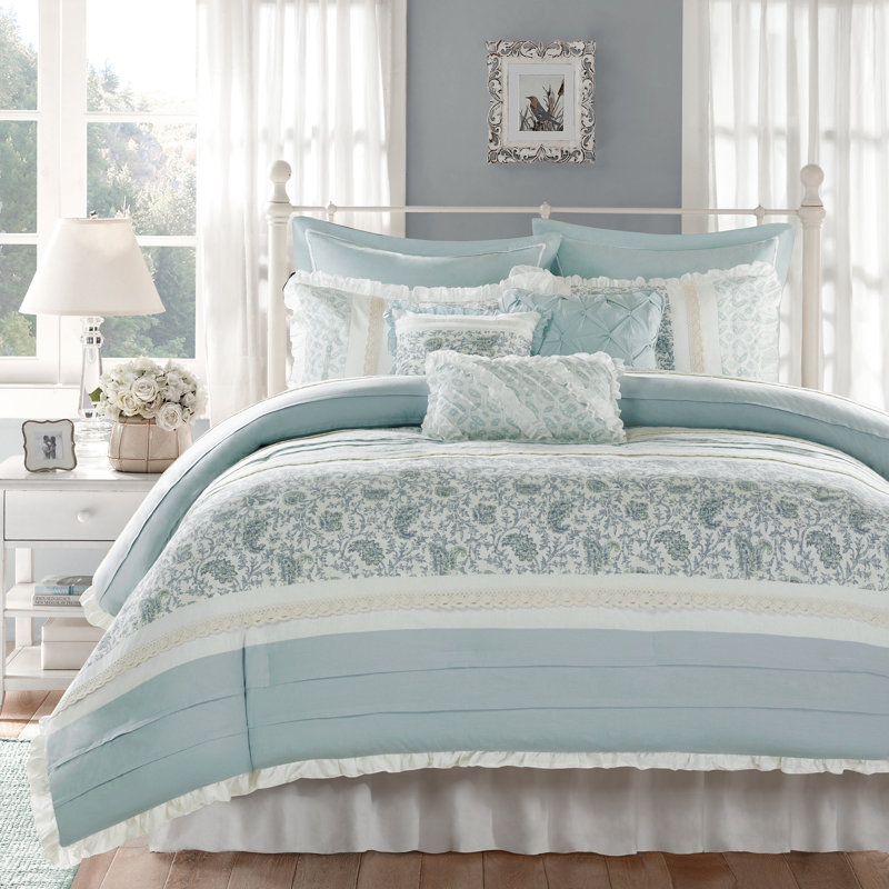 Ensemble d'édredon en percale de coton 9 pièces Dawn, Grand édredon et 8 pièces supplémentaires, Turquoise