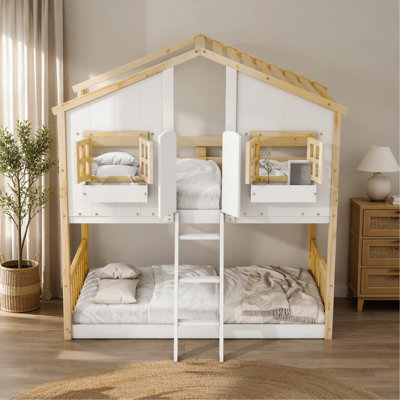Lit superposé simple au dessus d'un lit simple avec toit, fenêtre, boîte de fenêtre, porte, avec garde-corps et échelle, naturel / blanc