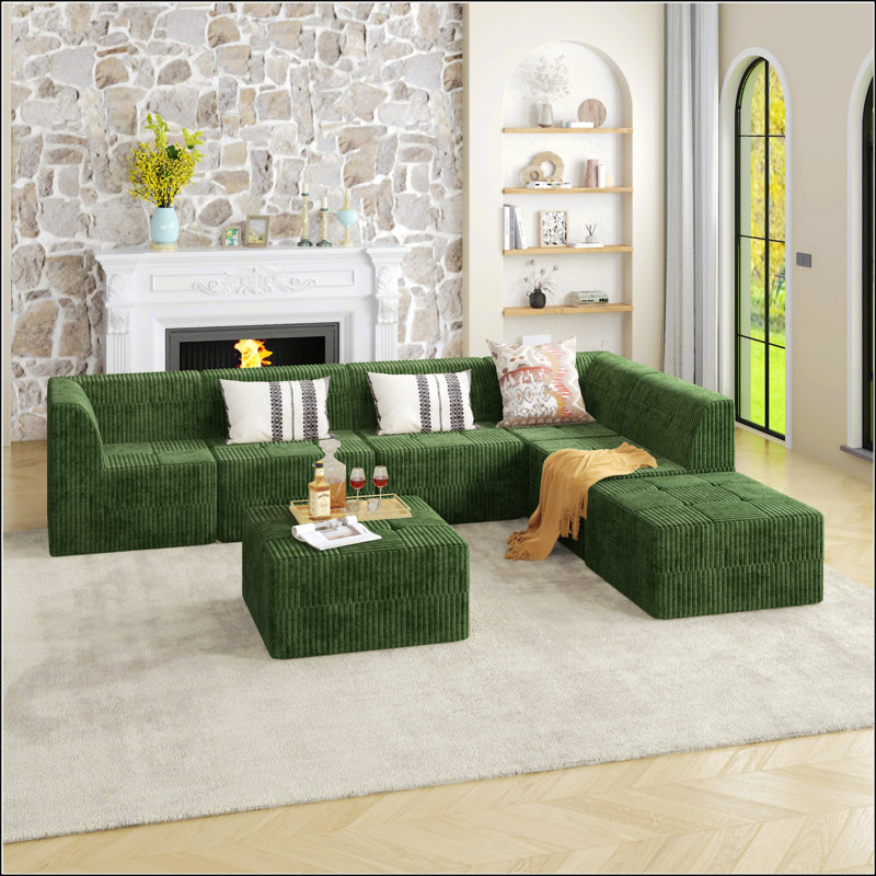 Canapé modulaire Vasya, Velours côtelé vert, H 29,92 po x l 130,32 po x P 98,23 po