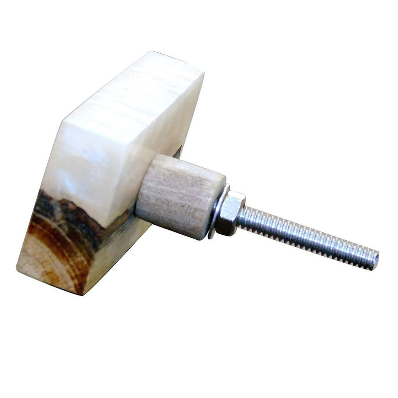 Set of 6 Tan and Dark Brown Wood Rectangular Knobs with Marble