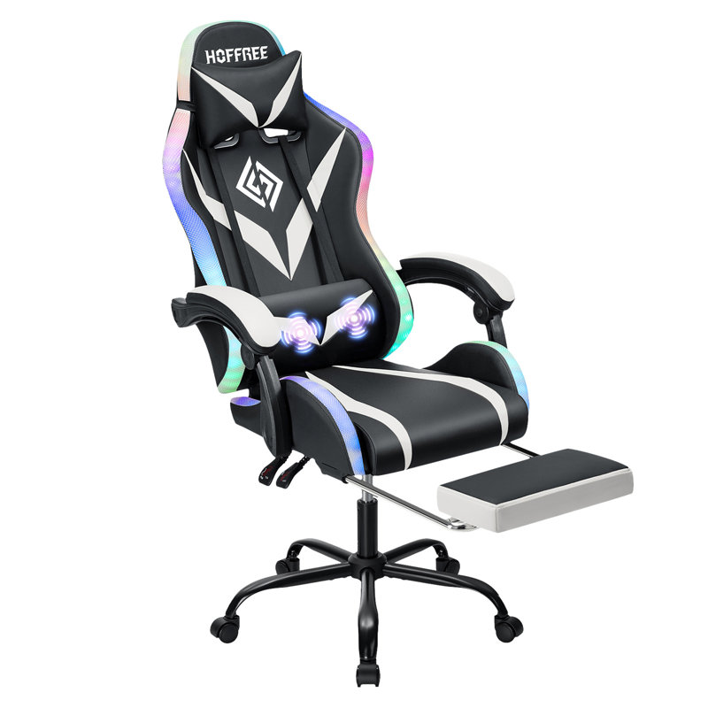 HOFFREE Gaming Chair With LED RGB Lights Massage Video Gamer Chairs With Footrest Ergonomic High Back Reclining Computer Chair With Adjustable Lumbar Support