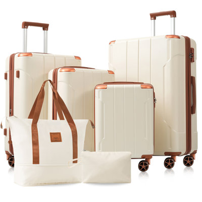 Hardshell Luggage Sets 6 Piece Suitcase Set, Expandable Lightweight Suitcases with Dual Wheels, TSA Lock for Men Women, White Brown