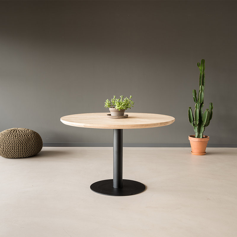 Leatherhead Oak Round Solid Wood Top Metal Base Dining Table, H76.5 x L110 x W110cm