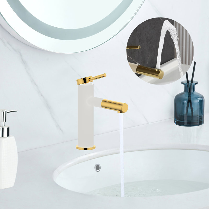 Single-Hole Bathroom Faucet with Drain Assembly, Polished Brass/White